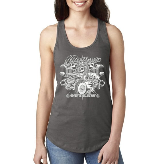 Wild Bobby, Greaser Outlaw Hot Rod Gambling Mechanic Pop Culture Ladies Racerback Tank Top, Dark Grey, Large