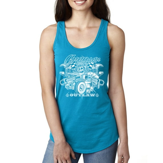 Wild Bobby, Greaser Outlaw Hot Rod Gambling Mechanic Pop Culture Ladies Racerback Tank Top, Turquoise, Medium