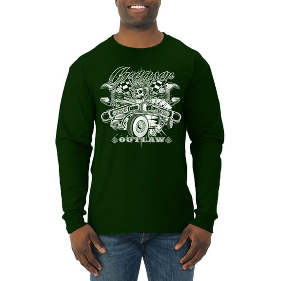 Wild Bobby, Greaser Outlaw Hot Rod Gambling Mechanic Pop Culture Mens Long Sleeve Shirt, Forest Green, 3XL