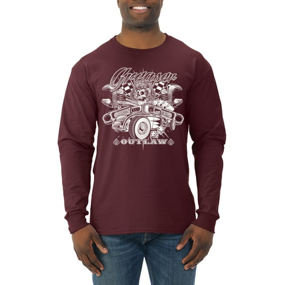 Wild Bobby, Greaser Outlaw Hot Rod Gambling Mechanic Pop Culture Mens Long Sleeve Shirt, Maroon, Medium