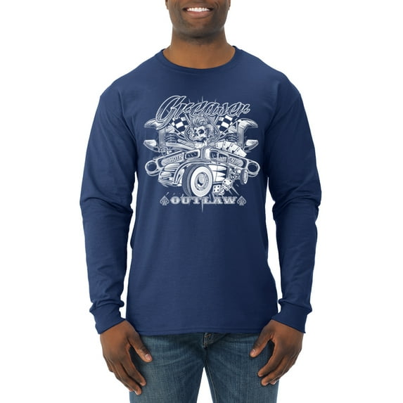 Wild Bobby, Greaser Outlaw Hot Rod Gambling Mechanic Pop Culture Mens Long Sleeve Shirt, Navy, Medium