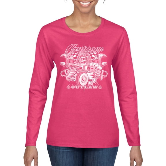 Wild Bobby, Greaser Outlaw Hot Rod Gambling Mechanic Pop Culture Womens Graphic Long Sleeve T-Shirt, Fuschia, Small