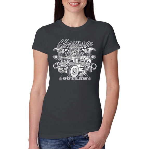 Wild Bobby, Greaser Outlaw Hot Rod Gambling Mechanic Pop Culture Womens Slim Fit Junior Tee, Dark Grey, Large