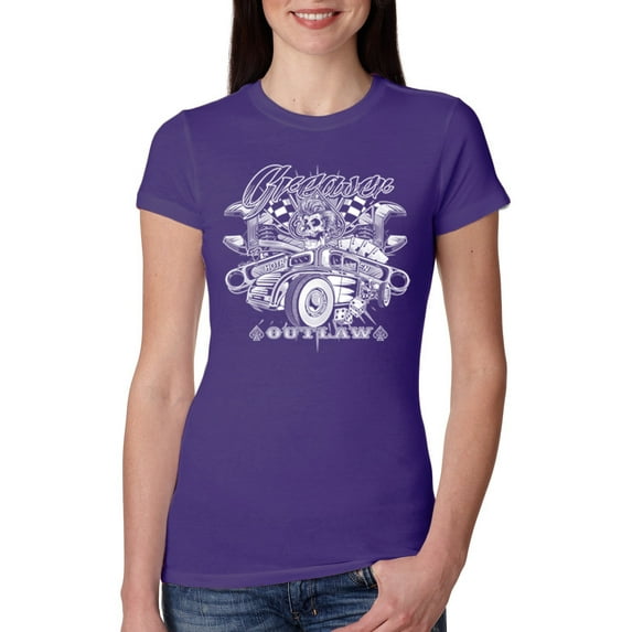 Wild Bobby, Greaser Outlaw Hot Rod Gambling Mechanic Pop Culture Womens Slim Fit Junior Tee, Purple Rush, Small