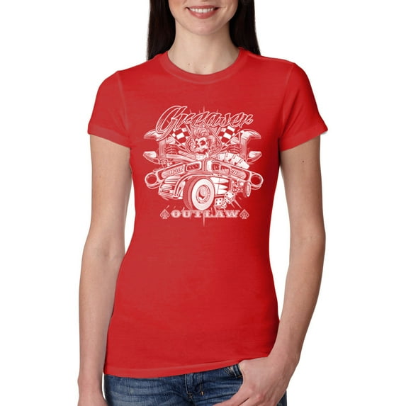 Wild Bobby, Greaser Outlaw Hot Rod Gambling Mechanic Pop Culture Womens Slim Fit Junior Tee, Red, Large