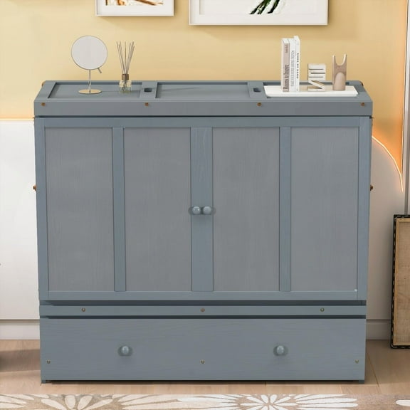 Gray Full Size Murphy Bed: Built-in USB & Large Drawer, Sturdy Pine Wood, Space-Saver