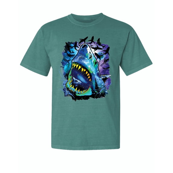 Wild Bobby, Great White Shark Species in Ocean, Animal Lover, Garment-Dyed Washed Look Short Sleeve T-Shirt, Emerald, Large