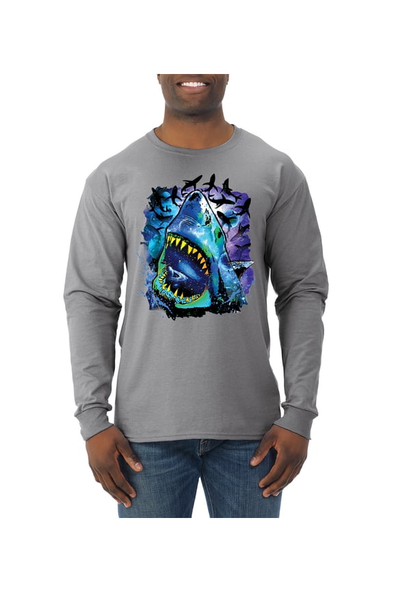 , Great White Shark Species in Ocean | Mens Fishing Long Sleeve T-Shirt, Heather Grey, Small