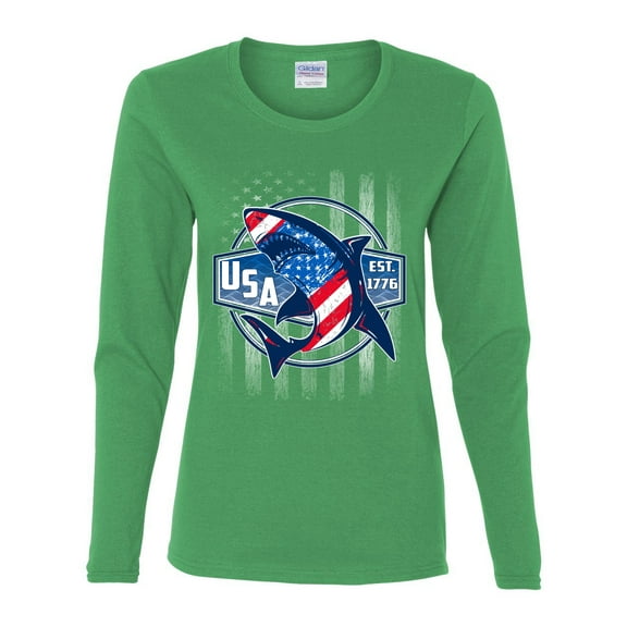 Wild Bobby Great White Shark USA Since 1776 Women Graphic Long Sleeve Tee