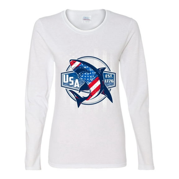 Wild Bobby Great White Shark USA Since 1776 Women Graphic Long Sleeve Tee