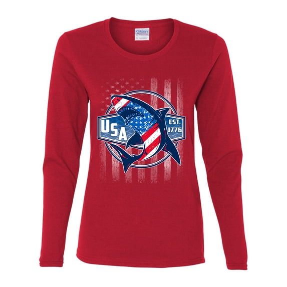 Wild Bobby Great White Shark USA Since 1776 Women Graphic Long Sleeve Tee