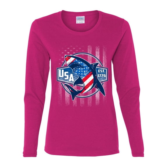 Wild Bobby Great White Shark USA Since 1776 Women Graphic Long Sleeve Tee