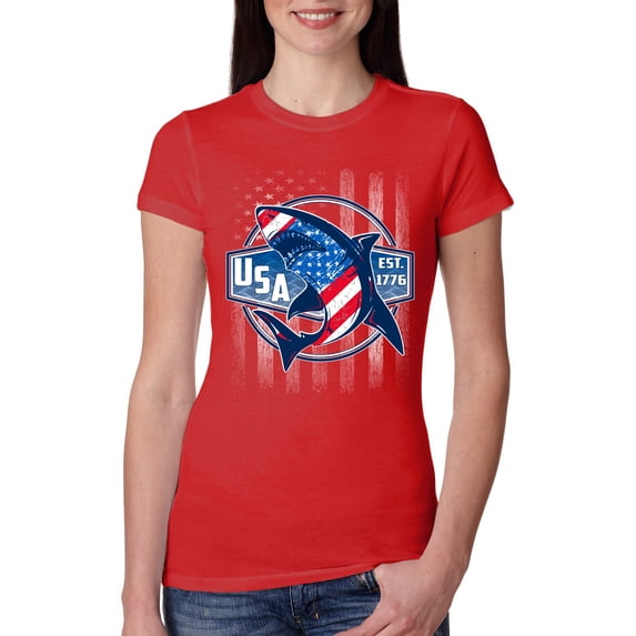 Wild Bobby Great White Shark USA Since 1776 Women Slim Fit Junior Tee