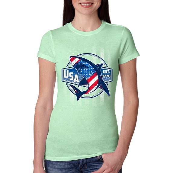 Wild Bobby Great White Shark USA Since 1776 Women Slim Fit Junior Tee