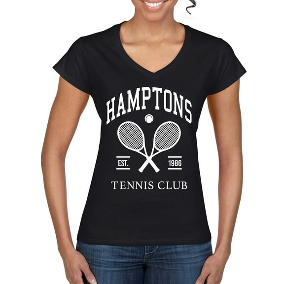 Wild Bobby Hamptons Tennis Club Est 1986 Sports Women’s Standard V-Neck Tee, Black, Small