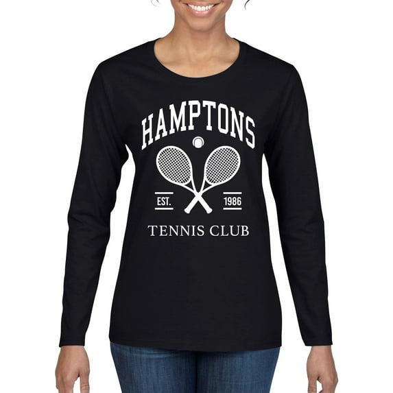 Wild Bobby Hamptons Tennis Club Est 1986 Sports Womens Graphic Long Sleeve T-Shirt, Black, Small