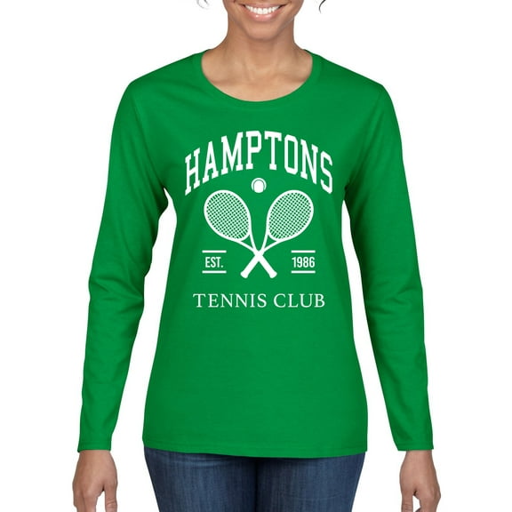 Wild Bobby Hamptons Tennis Club Est 1986 Sports Womens Graphic Long Sleeve T-Shirt, Kelly, Medium