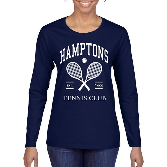 Wild Bobby Hamptons Tennis Club Est 1986 Sports Womens Graphic Long Sleeve T-Shirt, Navy, Small