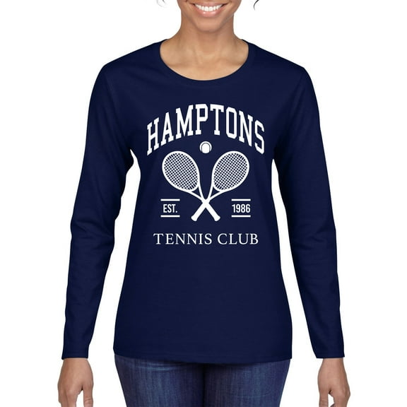 Wild Bobby Hamptons Tennis Club Est 1986 Sports Womens Graphic Long Sleeve T-Shirt, Navy, X-Large