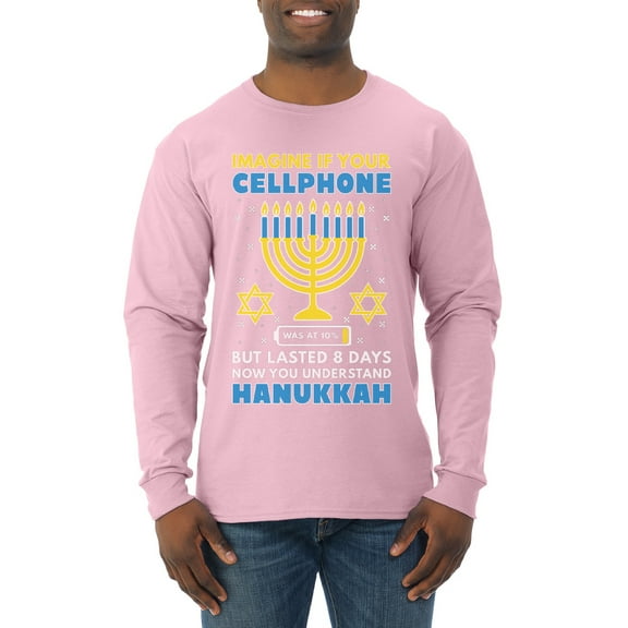 Wild Bobby Hanukkah Imagine If Your Phone Battery was Low but Lasted 8 Days Men Long Sleeve Shirt, Light Pink, Small