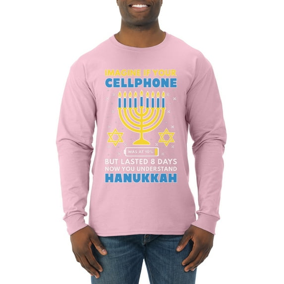 Wild Bobby Hanukkah Imagine If Your Phone Battery was Low but Lasted 8 Days Men Long Sleeve Shirt, Light Pink, Small
