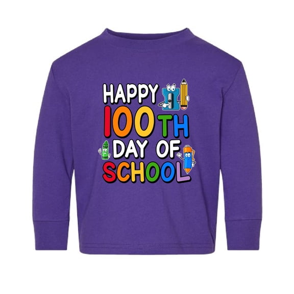 Wild Bobby Happy 100th Day of School Cute Pencil Marker, 100 Days of School 2024 2025 Design for Kids Youth Boys Girls School Toddler Long Sleeve Shirt