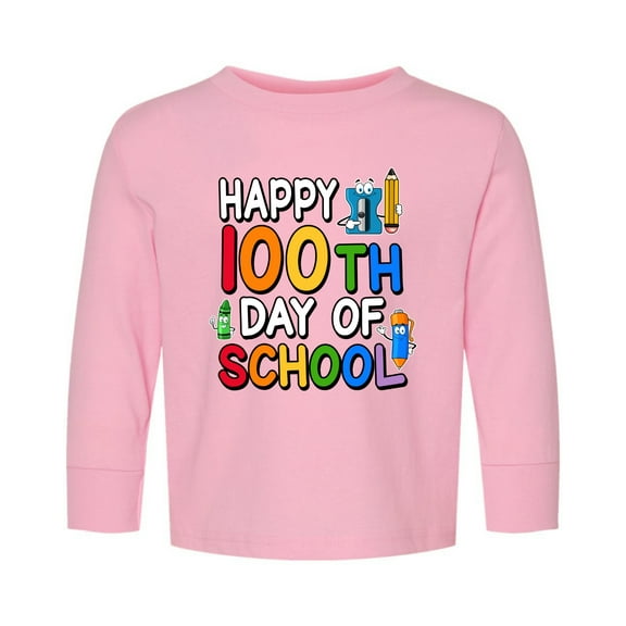 Wild Bobby Happy 100th Day of School Cute Pencil Marker, 100 Days of School 2024 2025 Design for Kids Youth Boys Girls School Toddler Long Sleeve Shirt