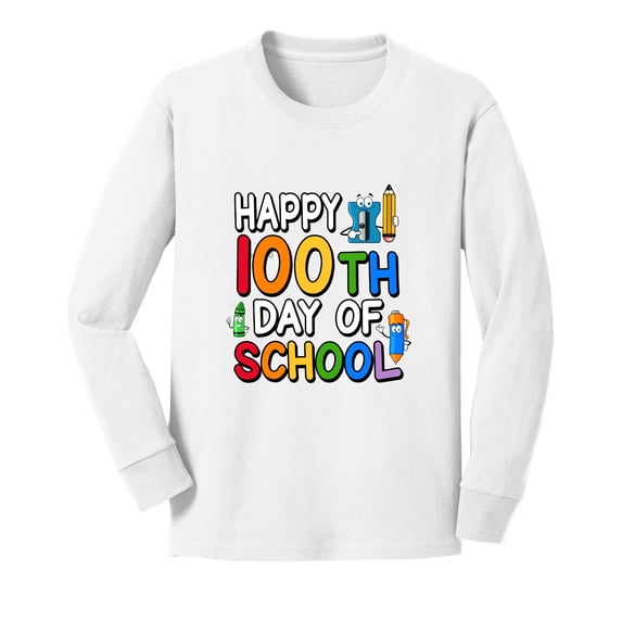 Wild Bobby Happy 100th Day of School Cute Pencil Marker, 100 Days of School 2024 2025 Design for Kids Youth Boys Girls School Youth Longsleeve Shirt