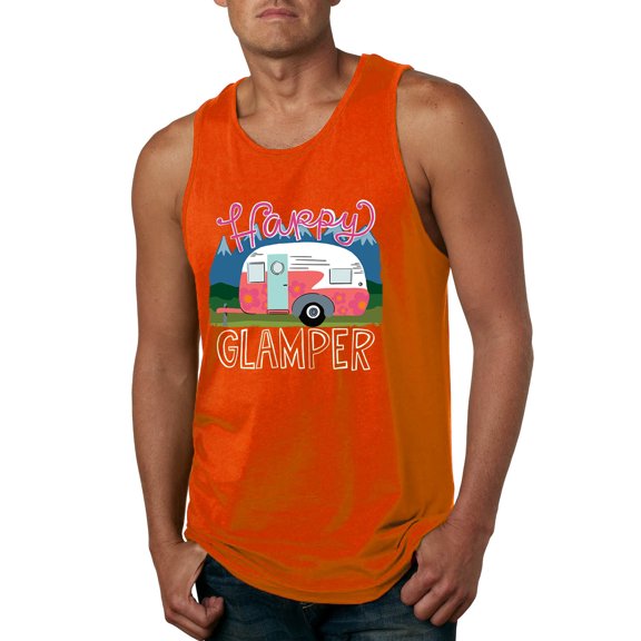 Wild Bobby, Happy Glamper | Fancy Camping Camper Van Caravan | Nature Lover Mens Sleeveless Top, Orange, S