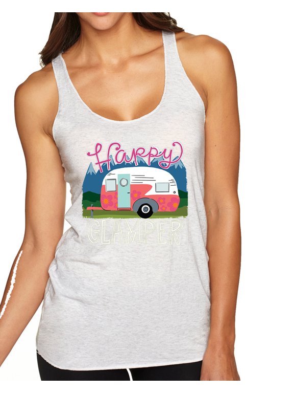 , Happy Glamper | Fancy Camping Camper Van Caravan | Nature Lover Tri-Blend Racerback Sleeveless Top, Heather White, M