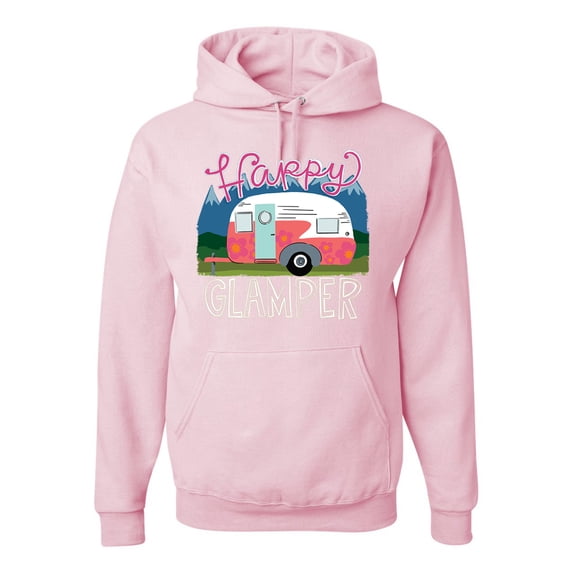 Wild Bobby, Happy Glamper | Fancy Camping Camper Van Caravan | Nature Lover Unisex Hoodie Sweatshirt, Light Pink, M