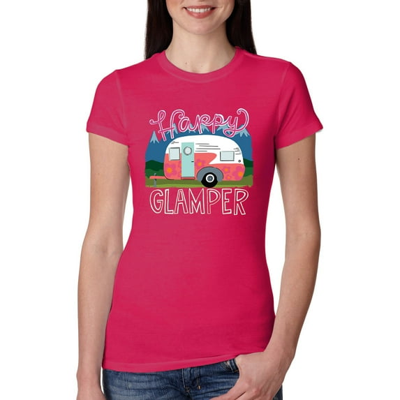 Wild Bobby, Happy Glamper | Fancy Camping Camper Van Caravan | Nature Lover Womens Slim Fit Junior Tee, Raspberry, L