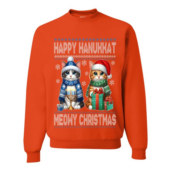 Wild Bobby Happy Hanukkat Meowy Christmas Sweater | Holiday Unisex Crewneck Sweatshirt