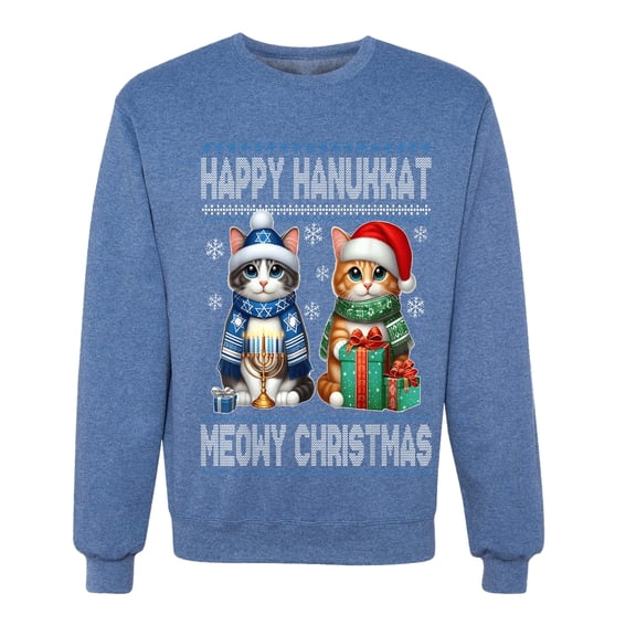 Wild Bobby Happy Hanukkat Meowy Christmas Sweater | Holiday Unisex Crewneck Sweatshirt
