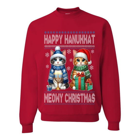 Wild Bobby Happy Hanukkat Meowy Christmas Sweater | Holiday Unisex Crewneck Sweatshirt