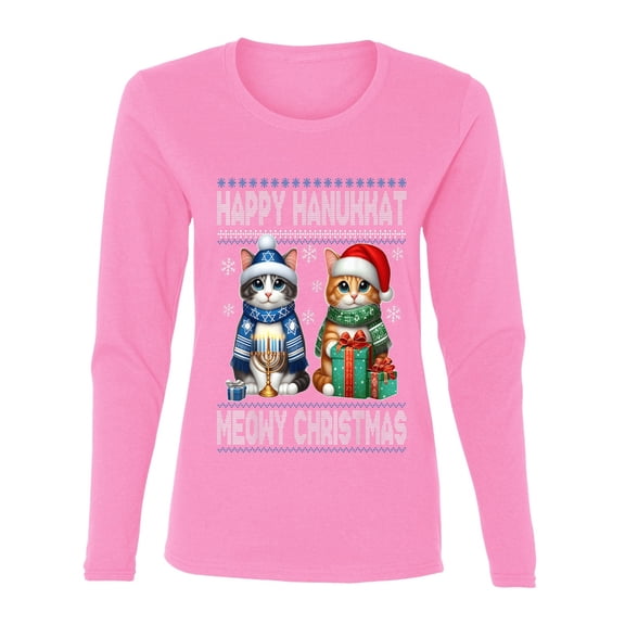 Wild Bobby Happy Hanukkat Meowy Christmas Sweater | Holiday Women Graphic Long Sleeve Tee