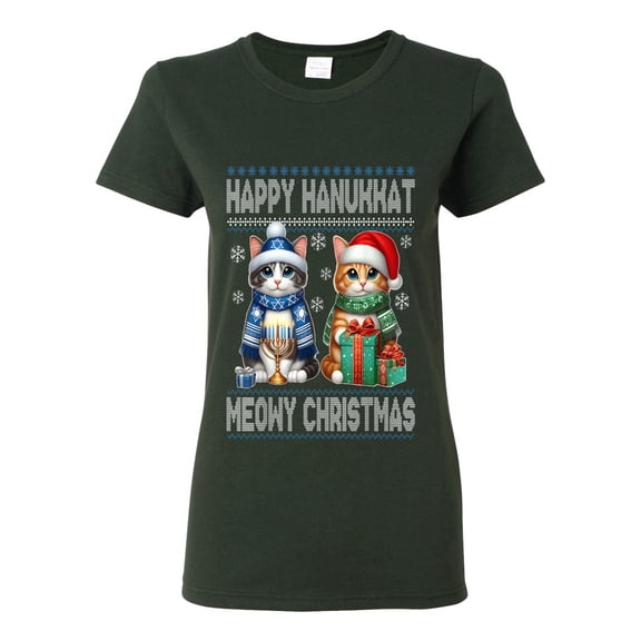 Wild Bobby Happy Hanukkat Meowy Christmas Sweater | Holiday Women Graphic Tee