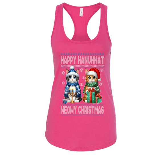 Wild Bobby Happy Hanukkat Meowy Christmas Sweater | Holiday Women Racerback Tank Top