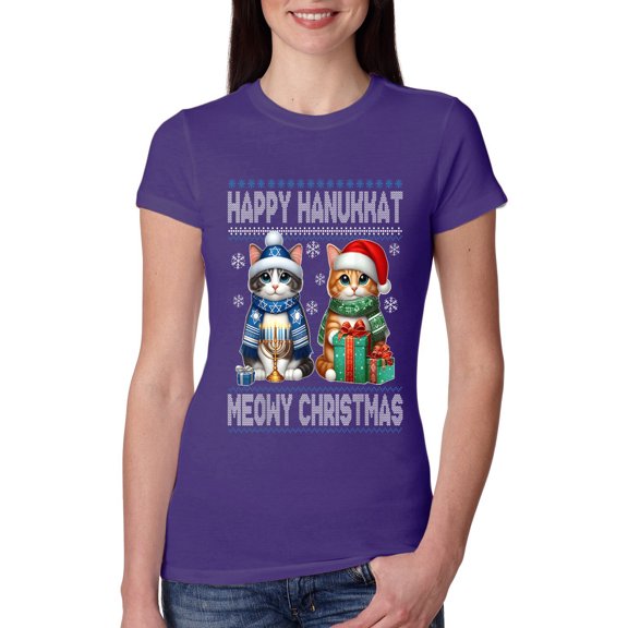 Wild Bobby Happy Hanukkat Meowy Christmas Sweater | Holiday Women Slim Fit Junior Tee