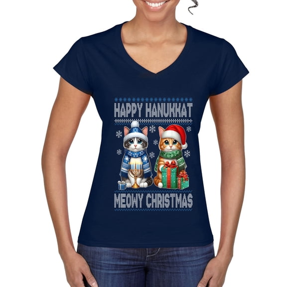 Wild Bobby Happy Hanukkat Meowy Christmas Sweater | Holiday Women Standard V-Neck Tee