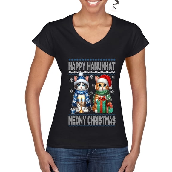 Wild Bobby Happy Hanukkat Meowy Christmas Sweater | Holiday Women Standard V-Neck Tee