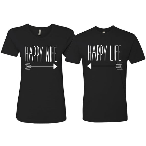 Wild Bobby, Happy Life Happy Wife Couples Tee Matching Valentine's Day Shirts , Black, Mens L-Womens 2XL