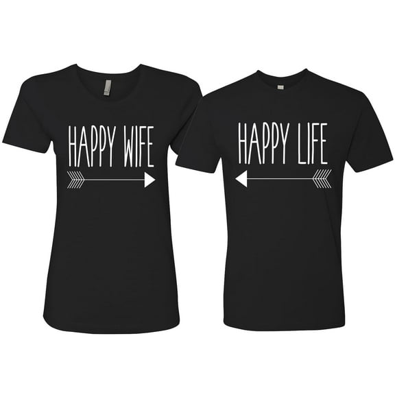 Wild Bobby, Happy Life Happy Wife Couples Tee Matching Valentine's Day Shirts , Black, Mens XL-Womens S