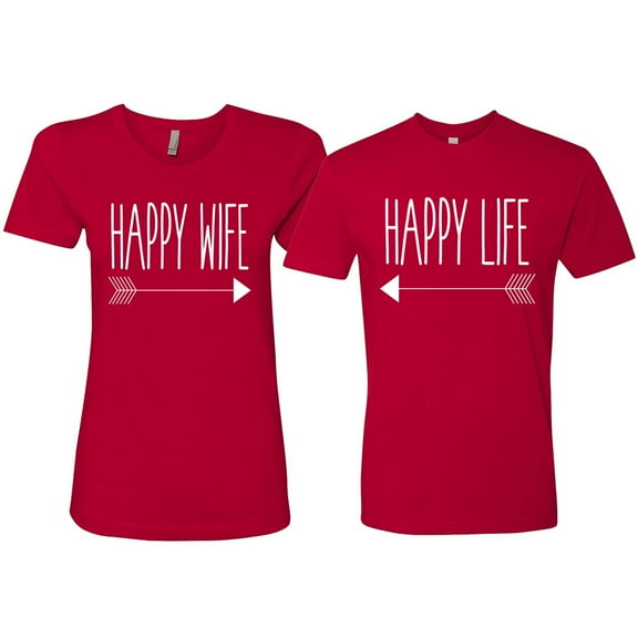Wild Bobby, Happy Life Happy Wife Couples Tee Matching Valentine's Day Shirts , Red, Mens L-Womens XL