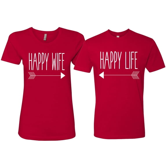 Wild Bobby, Happy Life Happy Wife Couples Tee Matching Valentine's Day Shirts , Red, Mens XL-Womens L