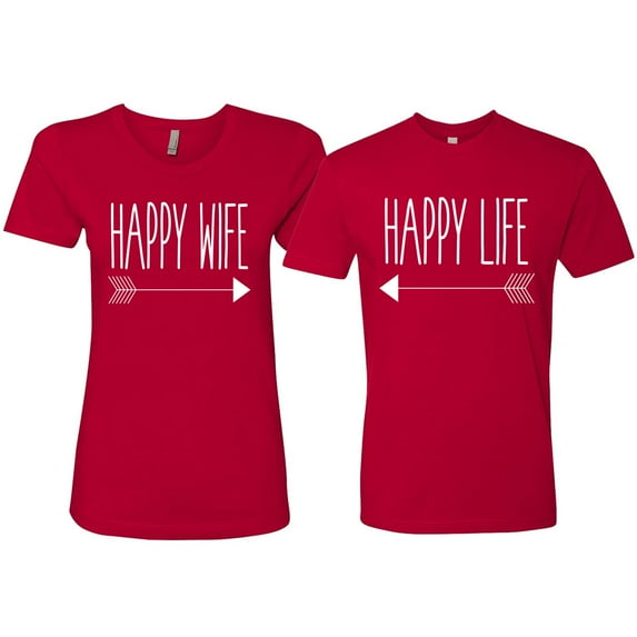 Wild Bobby, Happy Life Happy Wife Couples Tee Matching Valentine's Day Shirts , Red, Mens XL-Womens S