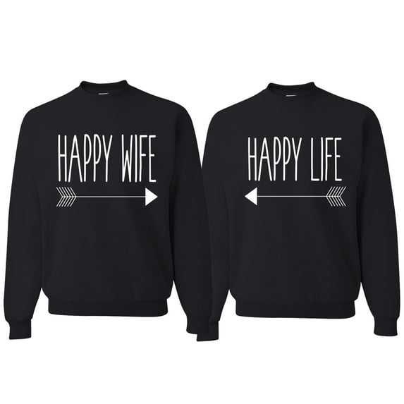 Wild Bobby, Happy Life Happy Wife Valentines Day Outfit His and Hers Matching Couples Crewneck Sweatshirts, Black, Mens L-Womens 2XL