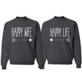 thumbnail image 1 of Wild Bobby, Happy Life Happy Wife Valentines Day Outfit His and Hers Matching Couples Crewneck Sweatshirts, Charcoal, Mens S-Womens S, 1 of 6