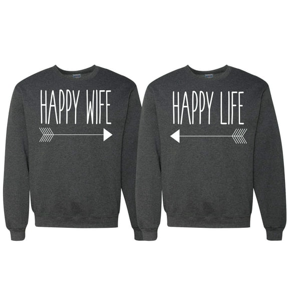 Wild Bobby, Happy Life Happy Wife Valentines Day Outfit His and Hers Matching Couples Crewneck Sweatshirts, Heather Black, Mens 2XL-Womens XL