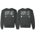 thumbnail image 1 of Wild Bobby, Happy Life Happy Wife Valentines Day Outfit His and Hers Matching Couples Crewneck Sweatshirts, Heather Black, Mens XL-Womens L, 1 of 6